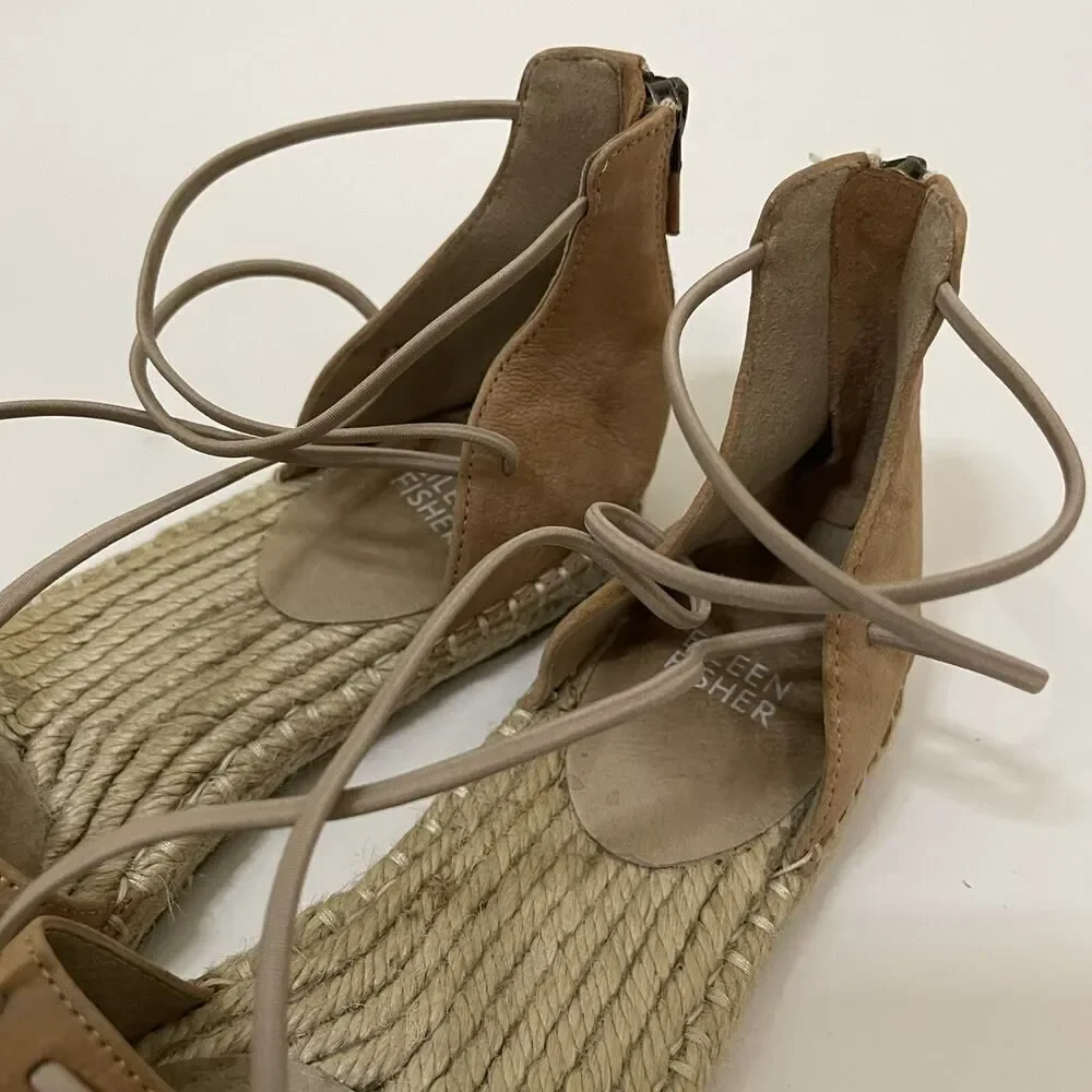 Eileen Fisher Lace suede cognac brown leather espadrille sandals US 9